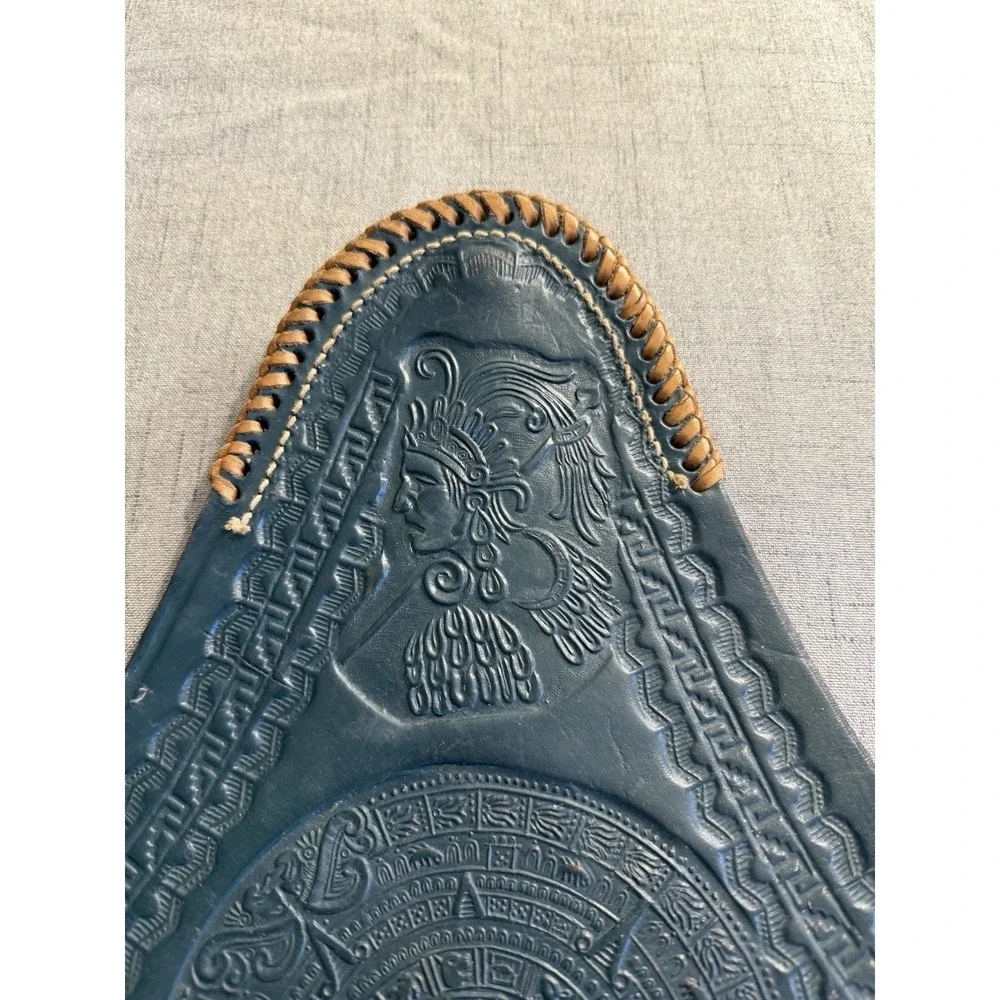 Aztec Calendar Tooled Leather Tripod Stool Seat - Vintage Mexican‎ Folk Art Teal